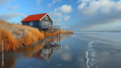 Stilted blue house with a red roof stands by a beach with reflective water
