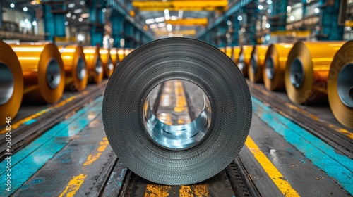 Steel coil is centered on an industrial floor, with several coils lined up in the background © TheGoldTiger