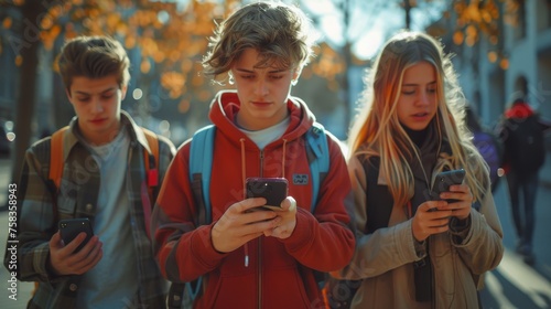 Three teenagers engrossed in their smartphones, walking outdoors with autumn leaves in the background