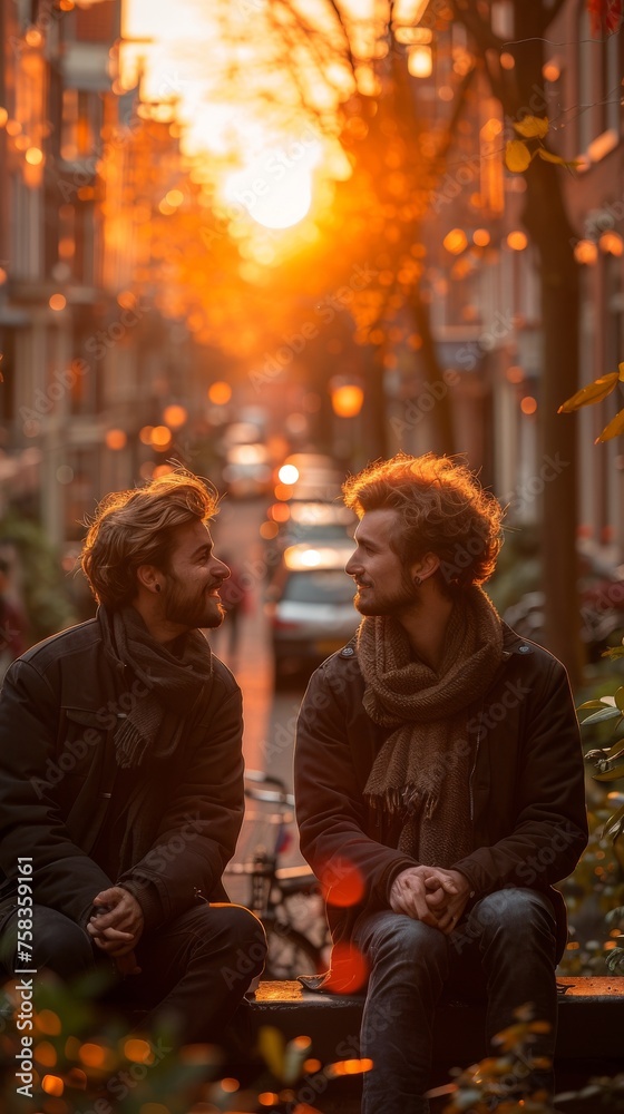 Two individuals conversing on a bench with vibrant sunset light filtering through an urban street
