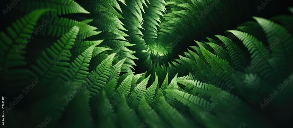 A close up of a fern leaf, a terrestrial plant, in the dark. The evergreen plant contrasts beautifully with the dark landscape, adding a touch of nature to the scene