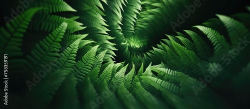 A close up of a fern leaf, a terrestrial plant, in the dark. The evergreen plant contrasts beautifully with the dark landscape, adding a touch of nature to the scene