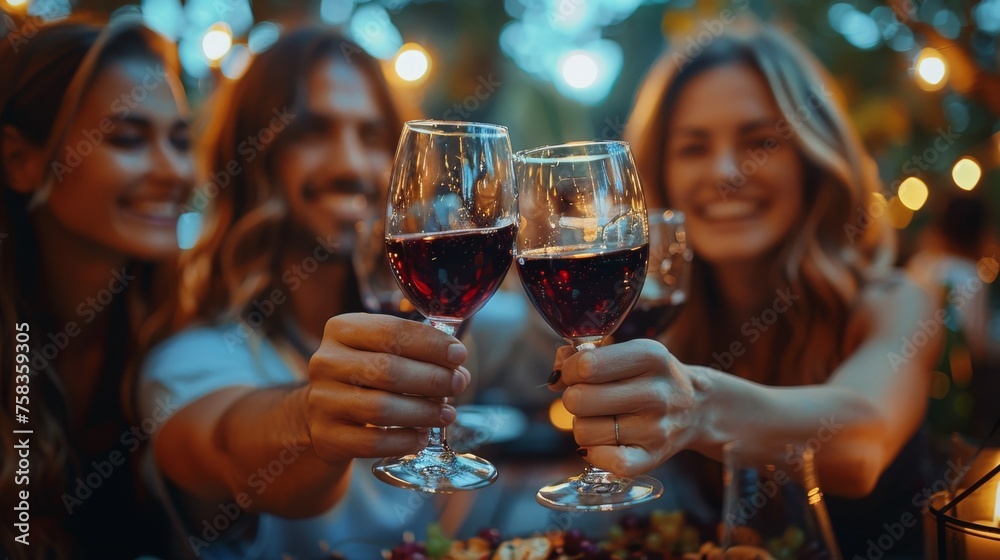 Two people are toasting with red wine glasses at an evening social gathering with friends