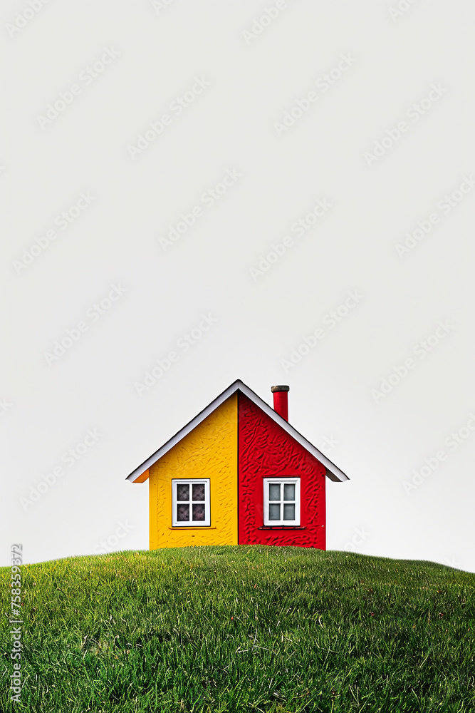 A little house on a hill with blank space at the top part of the frame A little house on a hill with blank space at the top part of the frame