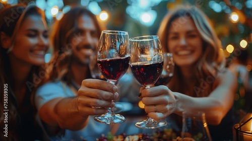 Two people are toasting with red wine glasses at an evening social gathering with friends