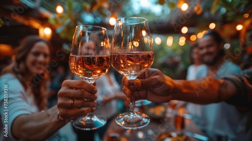 Two people toast with glasses of rosé wine at a festive outdoor gathering with string lights