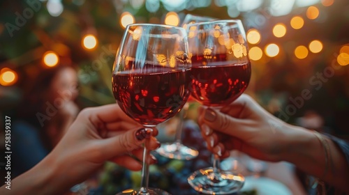 Two people toasting with red wine glasses at an evening gathering with warm, decorative lights
