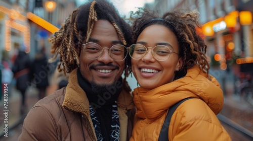 Two smiling individuals with stylish glasses are posing for a close-up photo on a city street