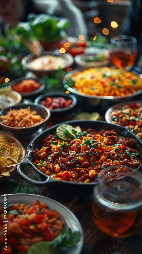 Various dishes with vibrant colors, including beans, salads, and dips, on a table with drinks