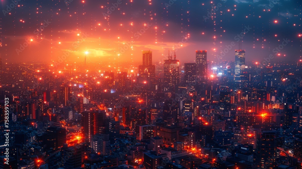 Vibrant, futuristic cityscape at night, bathed in red light, with skyscrapers and falling stars