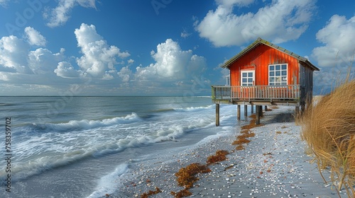 Vibrant red wooden cabin on stilts overlooks a serene beach with rolling waves and scattered shells photo