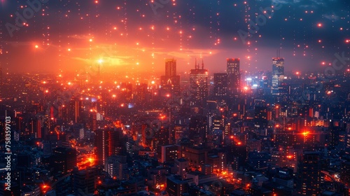 Vibrant, futuristic cityscape at night, bathed in red light, with skyscrapers and falling stars