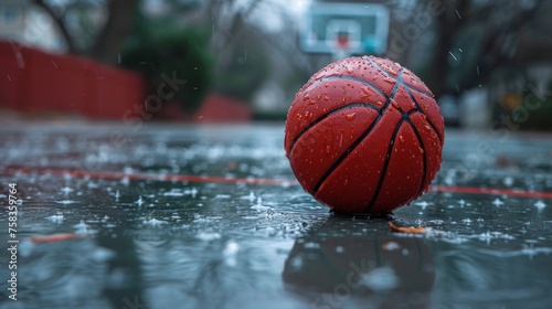Wet basketball rests on a rainy outdoor court with droplets glistening, conveying a paused game photo