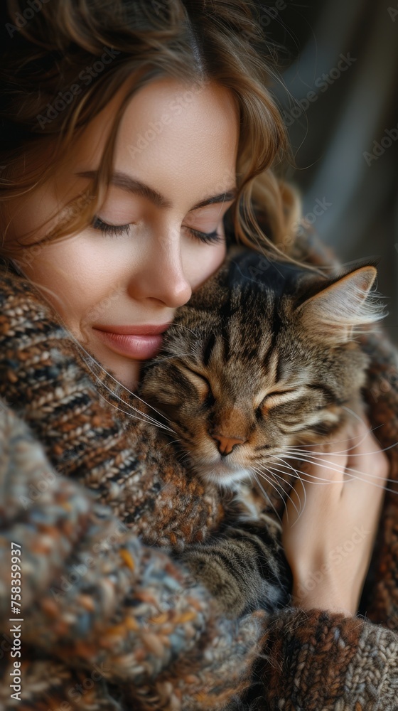 Woman gently cuddles a content tabby cat, both enjoying a peaceful, affectionate, and cozy moment
