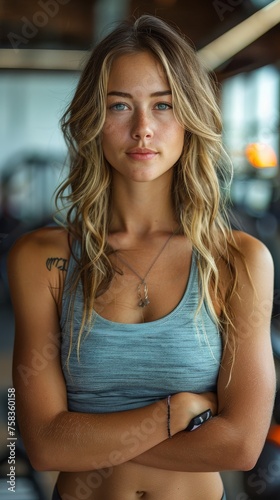 Woman with blonde wavy hair, a tattoo on her arm, wearing a blue tank top