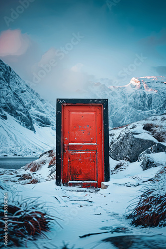 A red door portal in a natural landscape that can travel to any places © grey