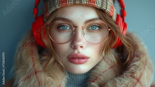 Woman with blue eyes, freckles, wearing headphones, glasses, a plaid hat, and a fluffy coat