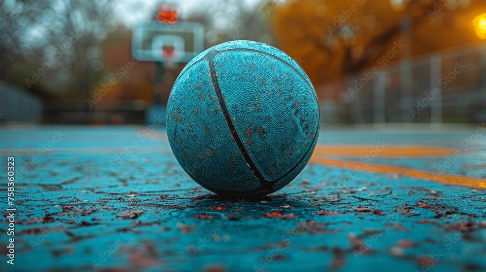 Worn basketball rests on a textured court with a hoop in the blurry background