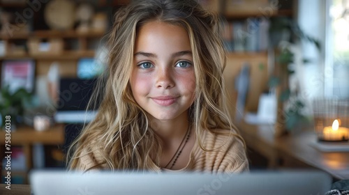 Young girl with blue eyes and blonde hair smiles in front of a laptop, indoors