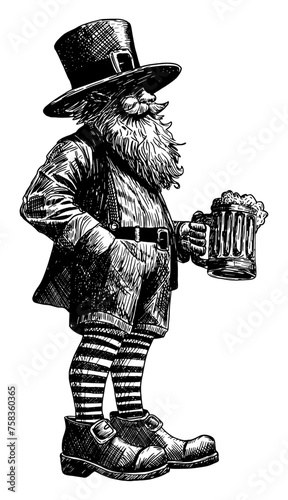 leprechaun man with beard in top hat buckle mug beer isolated hand drawn line art sketch illustration transparent background irish folklore character