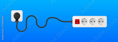 Socket Extension cord. Electric Power outlet plug. Current equipment with different ports connectors. Vector illustration.