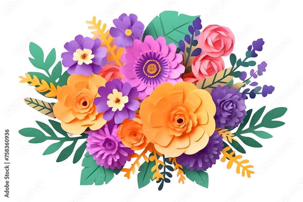 Paper cut art spring, summer flowers illustration, botanical arrangement, festive floral bouquet, bright candy colors. Happy mothers, valentines, womens day holiday concept. PNG Paper cut art spring, summer flowers illustration, botanical arrangement, festive floral bouquet, bright candy colors. Happy mothers, valentines, womens day holiday concept. PNG