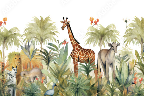 art perfect giraffe seamless horizontal palm zebra animals tropical pattern watercolor botanical beautiful painted lemur african elephant trees hand wallpaper stickers animals