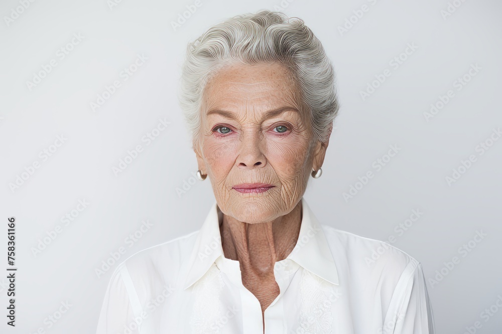 Portrait of senior woman looking at camera isolated on grey background. Portrait of senior woman looking at camera isolated on grey background.