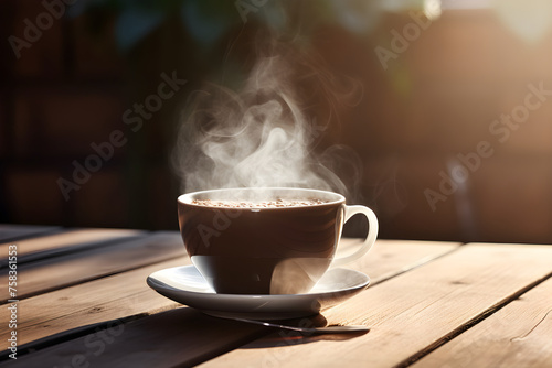 Serene Morning Scene with Hot Coffee Cup and Spoon on Rustic Wooden Table