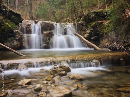 Fototapeta Naklejka Na Ścianę i Meble -  Waterfall in the woods near Oberleiten, Schliersee, Bavaria, Germany, April 2019