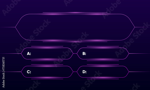 Quiz game or intellectual challenge contest template. Quiz neon template. TV show or trivia game. Screen with question and answer options in frames. Vector illustration.