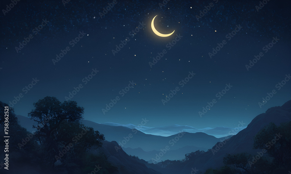 Fototapeta premium Sky night stars and moon, islamic night,sunset