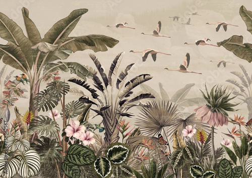 pattern tropical forest wallpaper with palm trees, plants, birds, butterflies and Flamingo beige background. © hand drawing sama