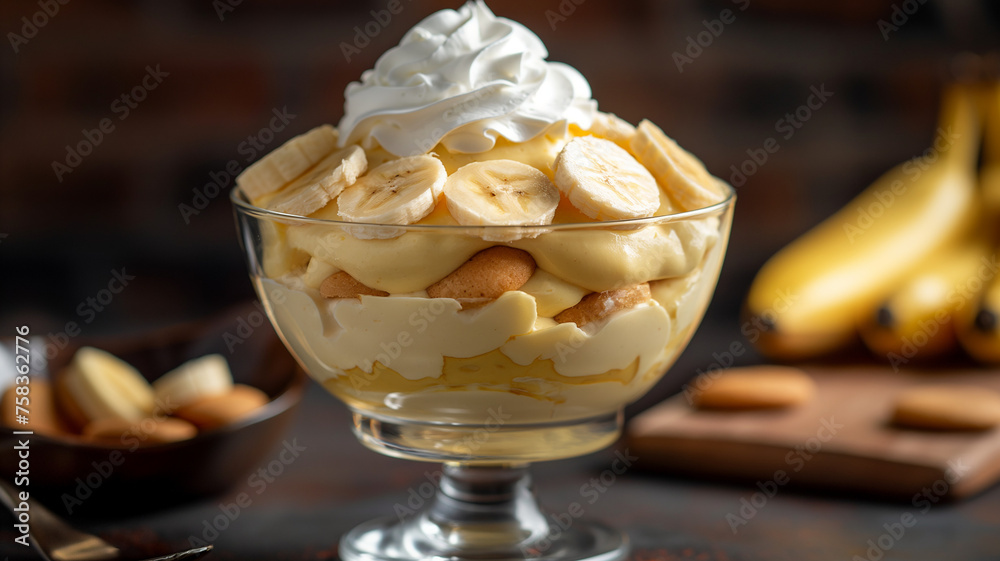 Banana pudding in a glass bowl