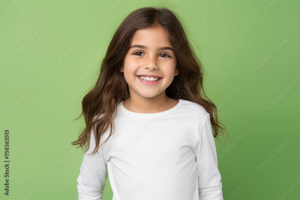 Portrait of a smiling little girl with long hair on a green background Portrait of a smiling little girl with long hair on a green background