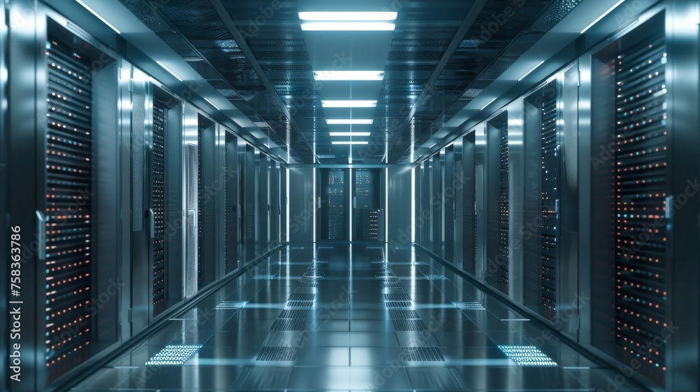 A 3D render of a high-security data center server room with biometric access controls A 3D render of a high-security data center server room with biometric access controls