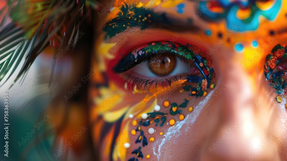 A close-up shot capturing the rich detail and colors of carnival-style eye makeup