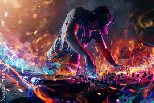 A high-definition image of a DJ mixing tracks on a turntable at a club with vibrant notes flowing out in a colorful spectrum