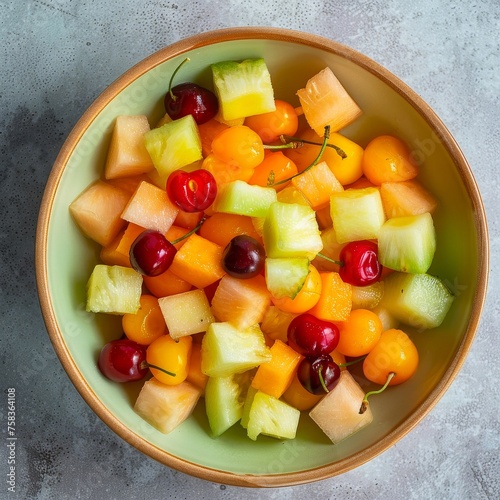 An overhead shot of a refreshing bowl of mixed fruit salad containing melon pineapple