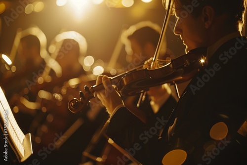 Close-up photo capturing the delicate interaction between an orchestras musicians and their instruments highlighting the textures of wood