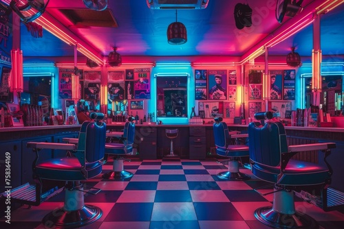 Interior of a vibrant 80s barber shop with classic red and blue striped barber poles vintage leather chairs