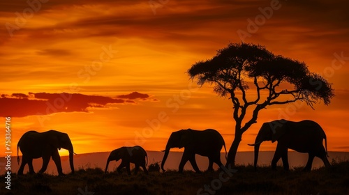 Impressive Elephant Family Silhouettes at Sunset.