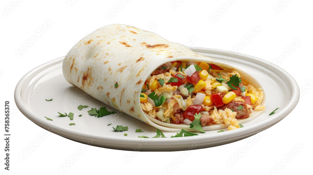 Breakfast Burrito on a plate isolated on transparent png background. Generative ai 