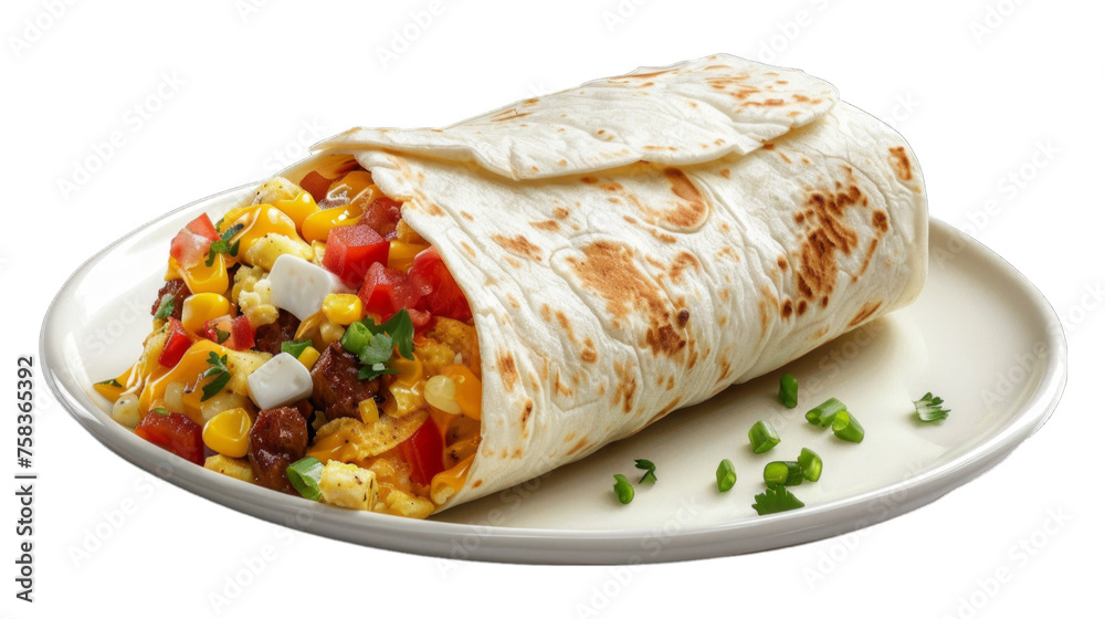 Breakfast Burrito on a plate isolated on transparent png background. Generative ai Breakfast Burrito on a plate isolated on transparent png background. Generative ai