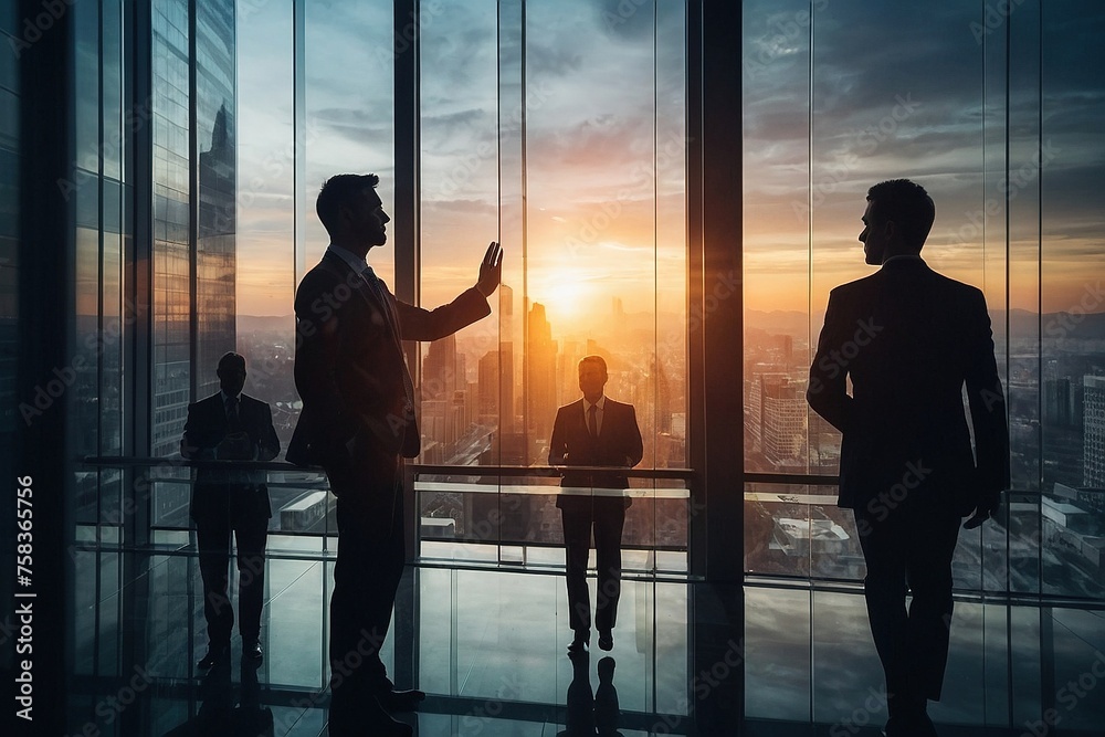Sunset Silhouettes: Business Partners Embracing Success in Office Interior Amidst Human Resources Group Strategy	
