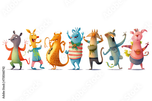 kids crocodile design animals greeting funny rabbit bear baby fox funny fun events wearing clothes graphics friends cartoon card having pig wolf vector dancing friends books