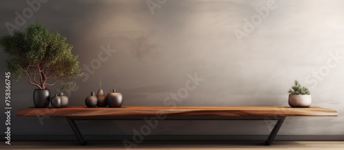 A hardwood table with potted plants sits against a gray wall. The wood stain enhances the beauty of the wood, creating a serene ambiance with automotive lighting above © TheWaterMeloonProjec