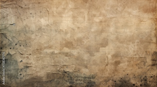 Old newspaper textured background. Aged paper texture with faded script and ink blots. Time-aged manuscript. Concept of overlay template, antiquity, old documents, and vintage aesthetic.