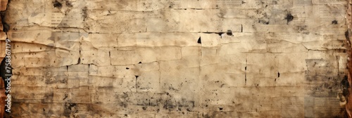 Old newspaper textured background. Vintage aged paper. Burned and stained ancient document collage. Concept of overlay template, antiquity, old documents, and vintage aesthetic.