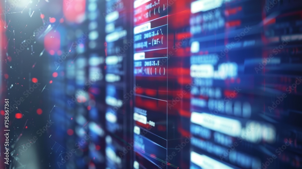 Close-up of stock market data on a digital screen with dynamic lines and graphs. Financial technology concept with bokeh lights. Design for finance-related banner, background, or report.